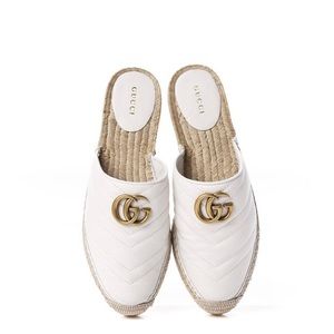 Gucci White Marmont Leather Espadrille Mules with Double G Flats